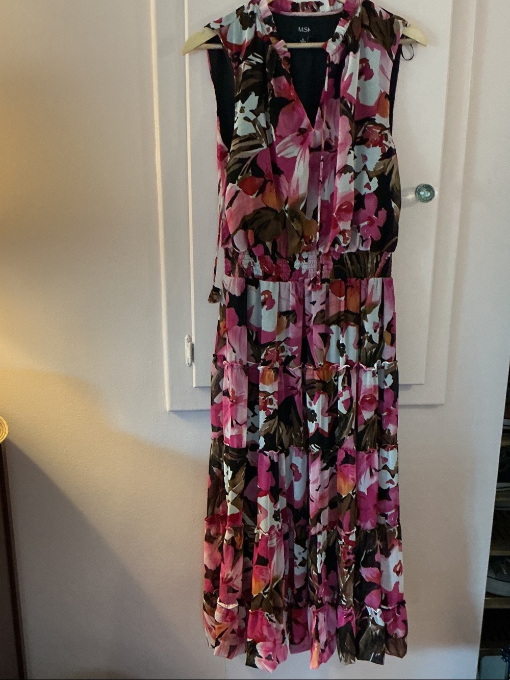 MSK Pink Floral Tiered Maxi Dress with Brown & White Accents